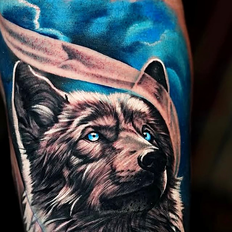 Color realism tattoo of a blue-eyed wolf